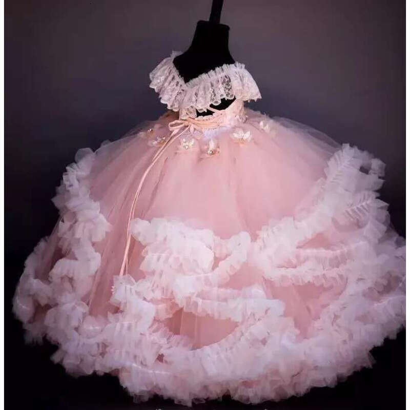 Pink Ballroom Pageant Dresses Off Shoulder Appliqued Beaded Ral Wer Girl Backless Ruffle Tiered Skirt Birthday Gowns