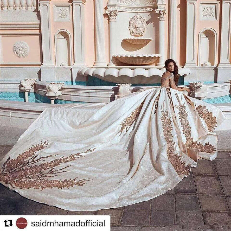 Arabic Satin Ball Gown Dresses V Neck Illusion Long Sleeves Lace Applique Chapel Train Wedding Bridal Gowns Bc1383