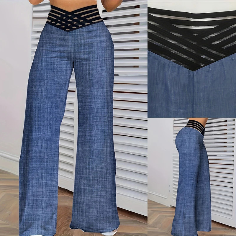 Womens wide leg Flared Pants autumn casual Crisscross transparent mesh patch high waisted Trouser Y2k streetwear elegant work pants 250102