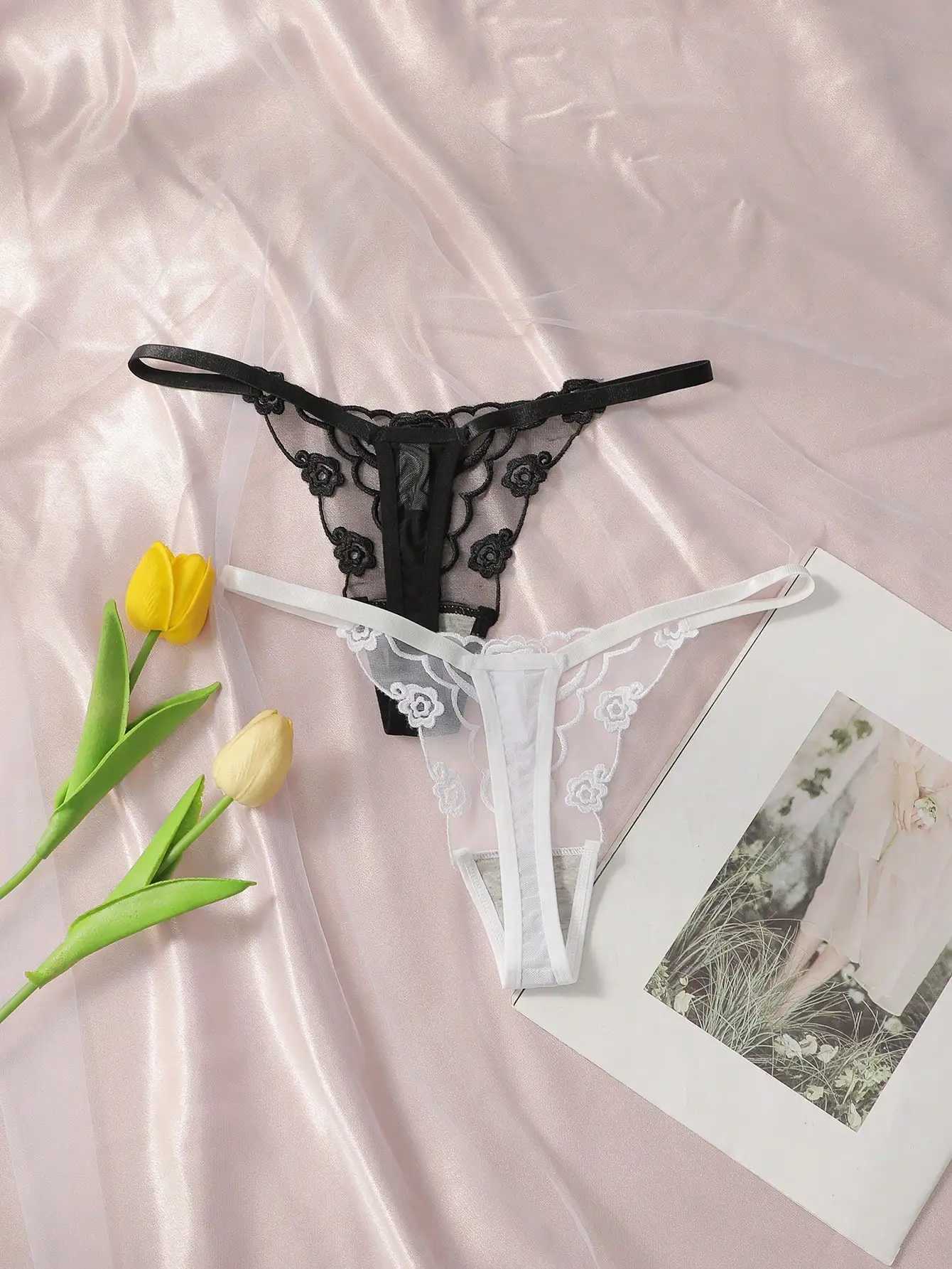 2pcs Ladies New Lace Sexy Black And White Embroidered Flower Print Sexy Set Thong Underwear C2648XJ250103