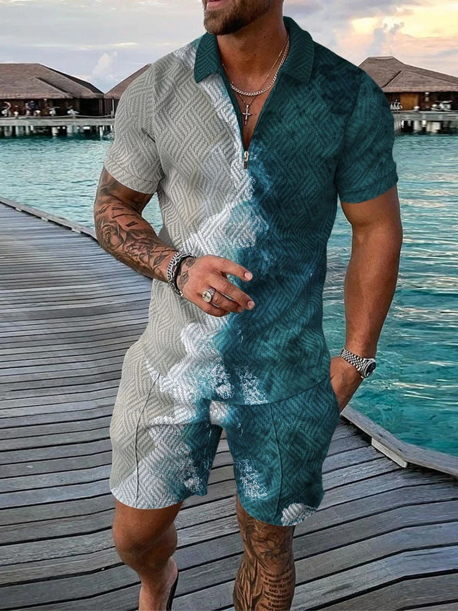 Mens Tracksuit 3D Print Summer Short Sleeve Polo Shirt Shorts Suits Fashion Casual Zipper T Shirt 2 Piece Set Oversized Outfits 250102