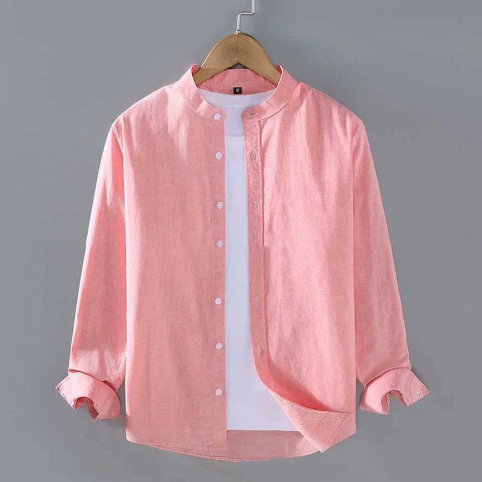 Mens linen shirt stand up collar long sleeved Henry white soft black comfortable simple spring/summer mens shirt solid color W250103