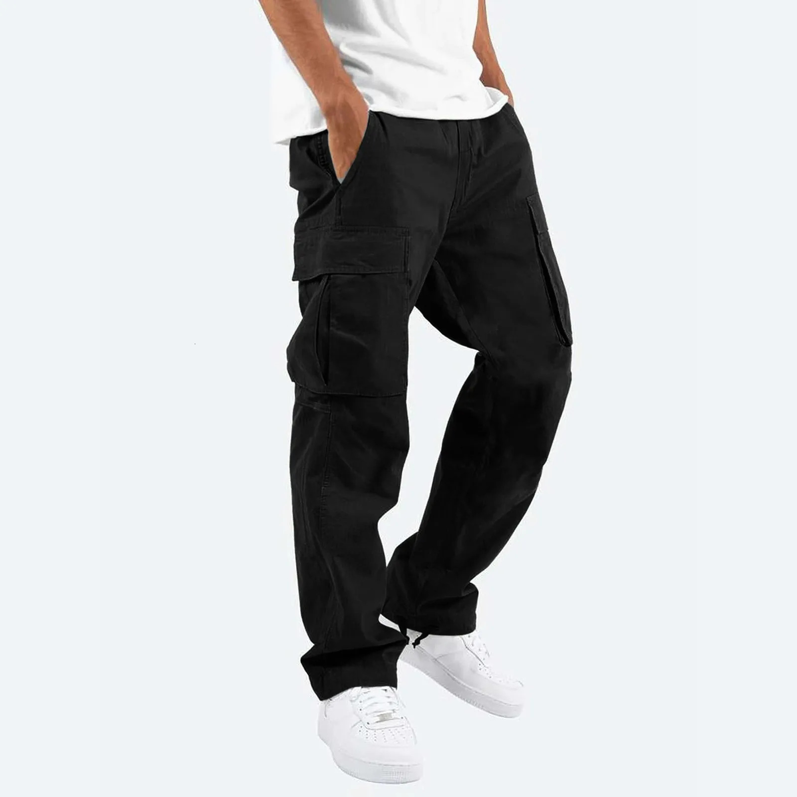 Plus Size Men Cargo Pants Pockets Casual Male High Elastic Waist Pocket Wide Leg Trousers Oversized S-5XL# 250102