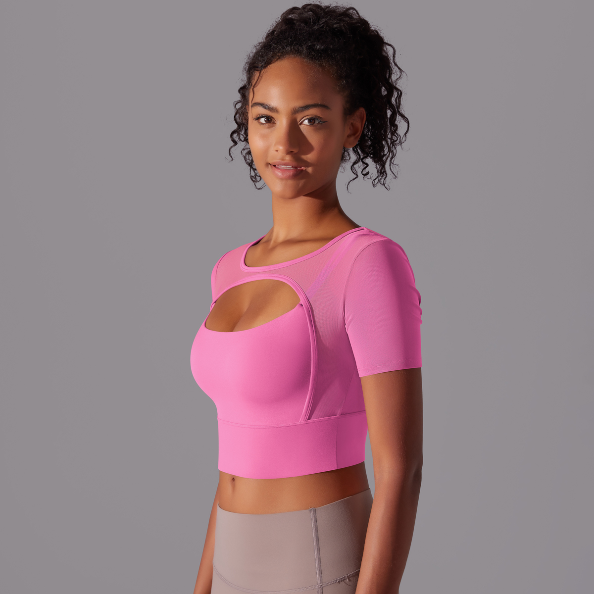 Solid Color Short Sleeve Sexy Double Layer Tank Spliced Mesh Yoga Clothing Top Fiess Running Sports Bra Women
