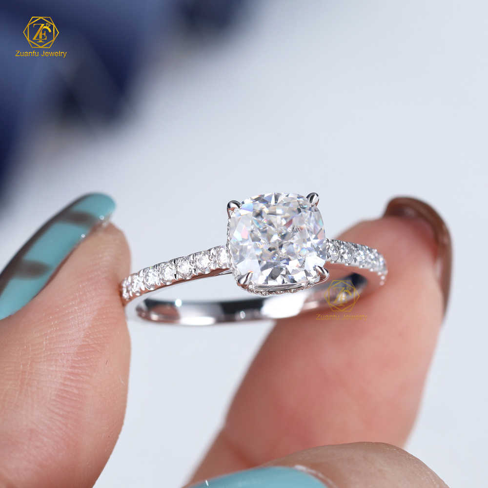 Custom18K white gold moissanite ring 2carats cushion ice crushed cut moissanite ring moissanite engagement ring