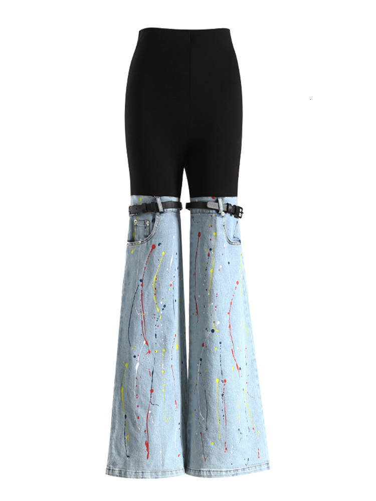 TWOTWINSTYLE Hit Color Temperament Spliced Belt Denim Pants For Women High Waist Casual Jeans Female Fashion Style Clothes New
