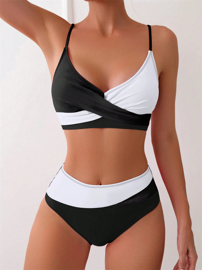 Crisscross Bikini 2025 Women Colorblock Two Piece Swimsuit Summer Patchwork Bikinis Set Girl Swim Outfits Bathing Suit High Waist Swimwear Beach Wear