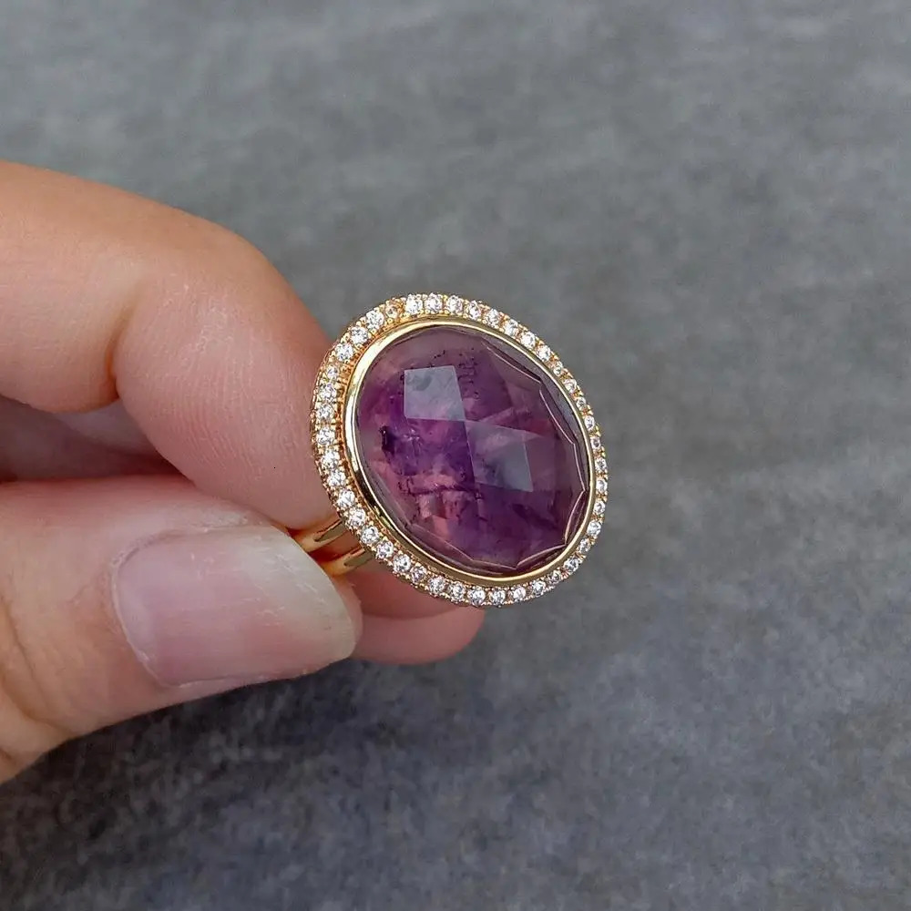 KKGEM 14x18mm Natural Oval Amethyst Water Diamond Laying Finger Ring Adjustable Anniversary Commemorative Ring 250102