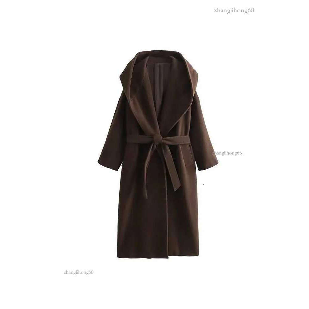 TRAF autumn and winter new European and American fashion leisure belt hooded woolen coat womens mid-length coatX241009