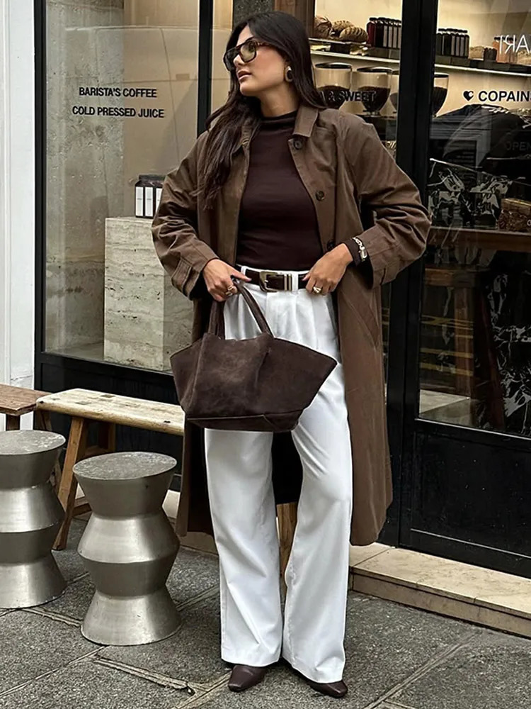 Retro Brown Lapel Long Sleeve Trench Coat Women Elegant Fashion Solid Color High Street Overcoat 2024 Lady Commute Outerwear 241224