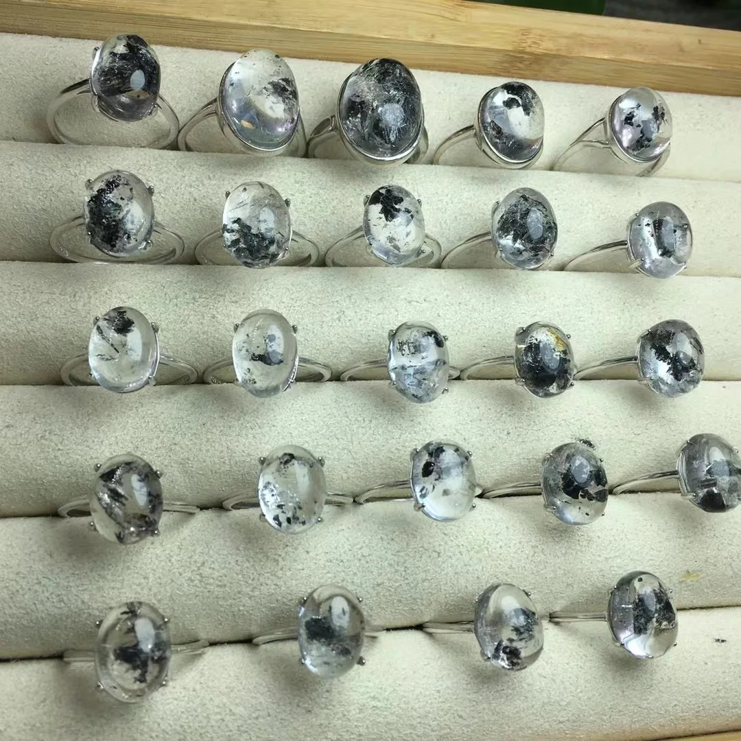 1 piece of Fengbaowu natural Herkimer diamond ring oval Cabochon 925 sterling silver crystal therapeutic stone jewelry 250102
