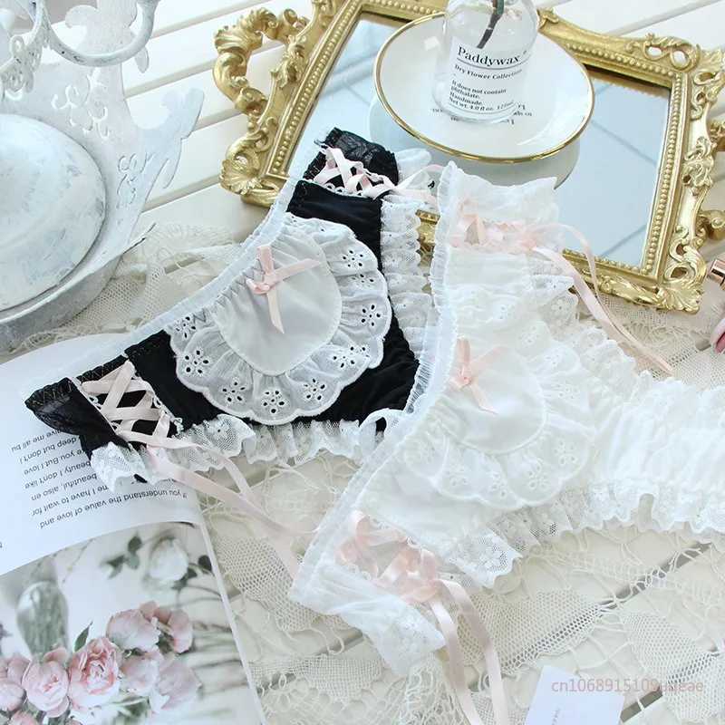 Japanese Modal Underwear Black and White Girl Lace Mid-waist Underwear Cotton Cute Women Kawaii Lingerie PantiesXJ250103