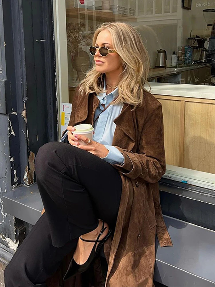 Brown Suede Leather Women Winter Coats With Belt Vintage Lapel Double Breasted Coat Ladies 2024 High Street Trench Outerwear 241224