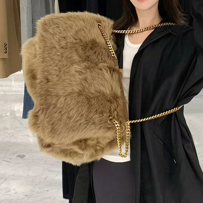 Plush Embellished Chain Shoulder and Hand Carry Big Bag for Ladies