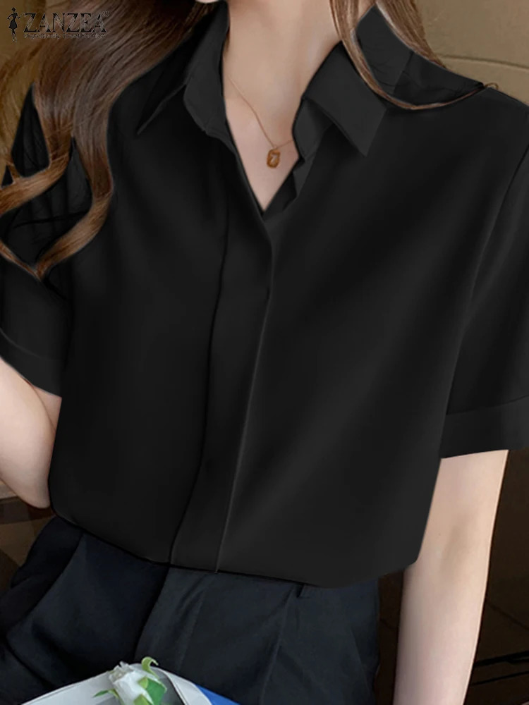 Womens Summer Top Elegant Solid Shirt ZANZEA Casual Collar Short Sleeve Office Womens Work Blusas Women OL Tuning Chemicals 250102