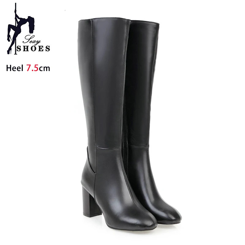 Black Long Boots Womens Fashionable Thick Heels Side Zipper Ladies Shoes Soft PU Leather Knee High Boots Plus Size 43 44 45 250102