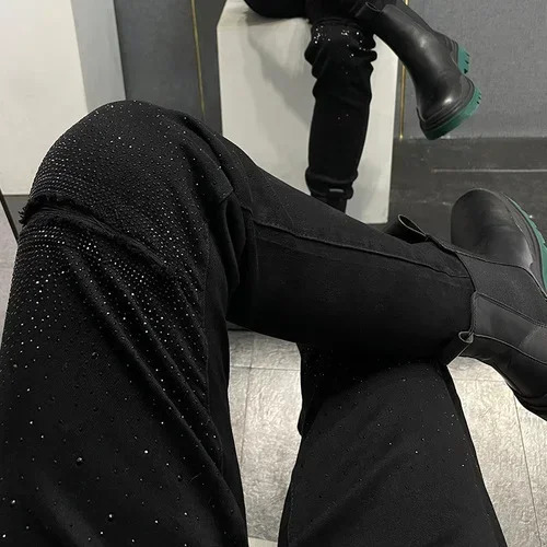 Black Rhinestone Jeans Mens Fall Slim Fit Stretch Feet Pants Fake Ripped n Casual Long Mens Pants Autumn Clothes 241230
