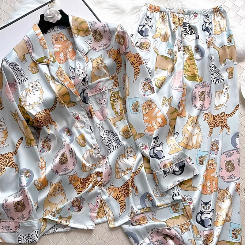 Autumn New Ice Silk Soft Lapel Button Cardigan Sets Women 2 Pieces Cute Cat Printing Pamas For Girls