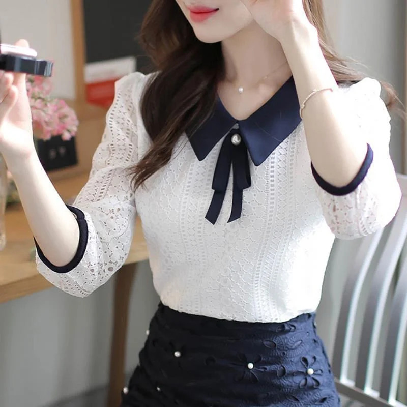 Womens Spring and Autumn Style Lace Shirt Womens Peter Pan Necklace Solid Color Half Sleeve Elegant Lace Top SP8676 250102