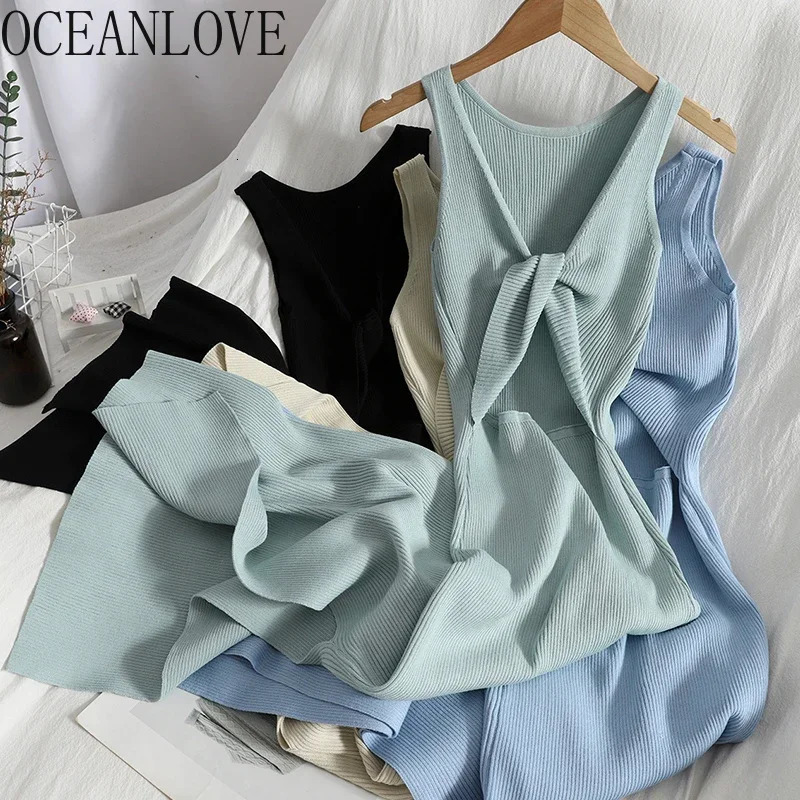 OCEANLOVE Korean Knitted Robe Femme Summer V Neck Sleeveless Kink Hollow Out Sexy Slim Bodycon Dress Split Fork Long Vestidos 250102