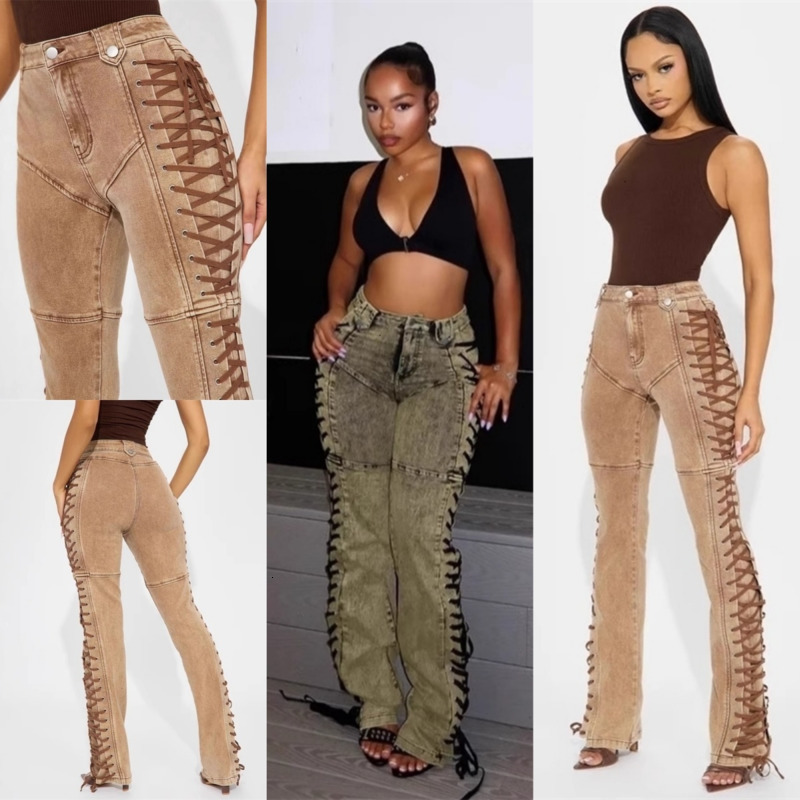 Women Jeans 2025 INS New Fashion Strap Drawstring Hot Girl Jeans Pants 2 Colours