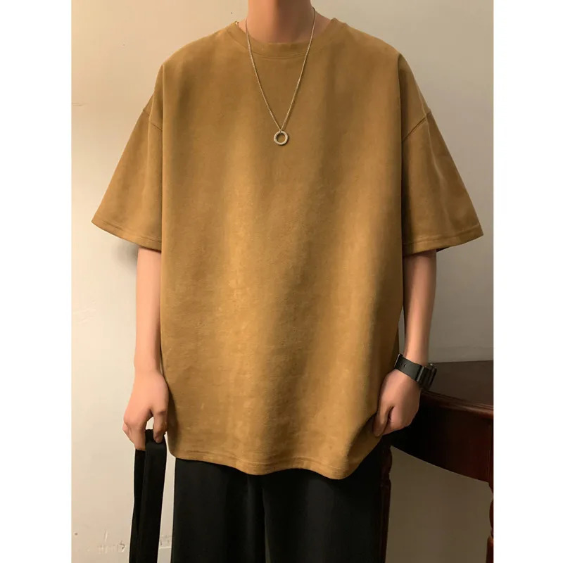 Suede T-shirt Men Oversized Fashion Solid Color Retro T Shirt Men Streetwear Summer Loose Short Sleeved T-shirt Mens Top M-3XL 250102