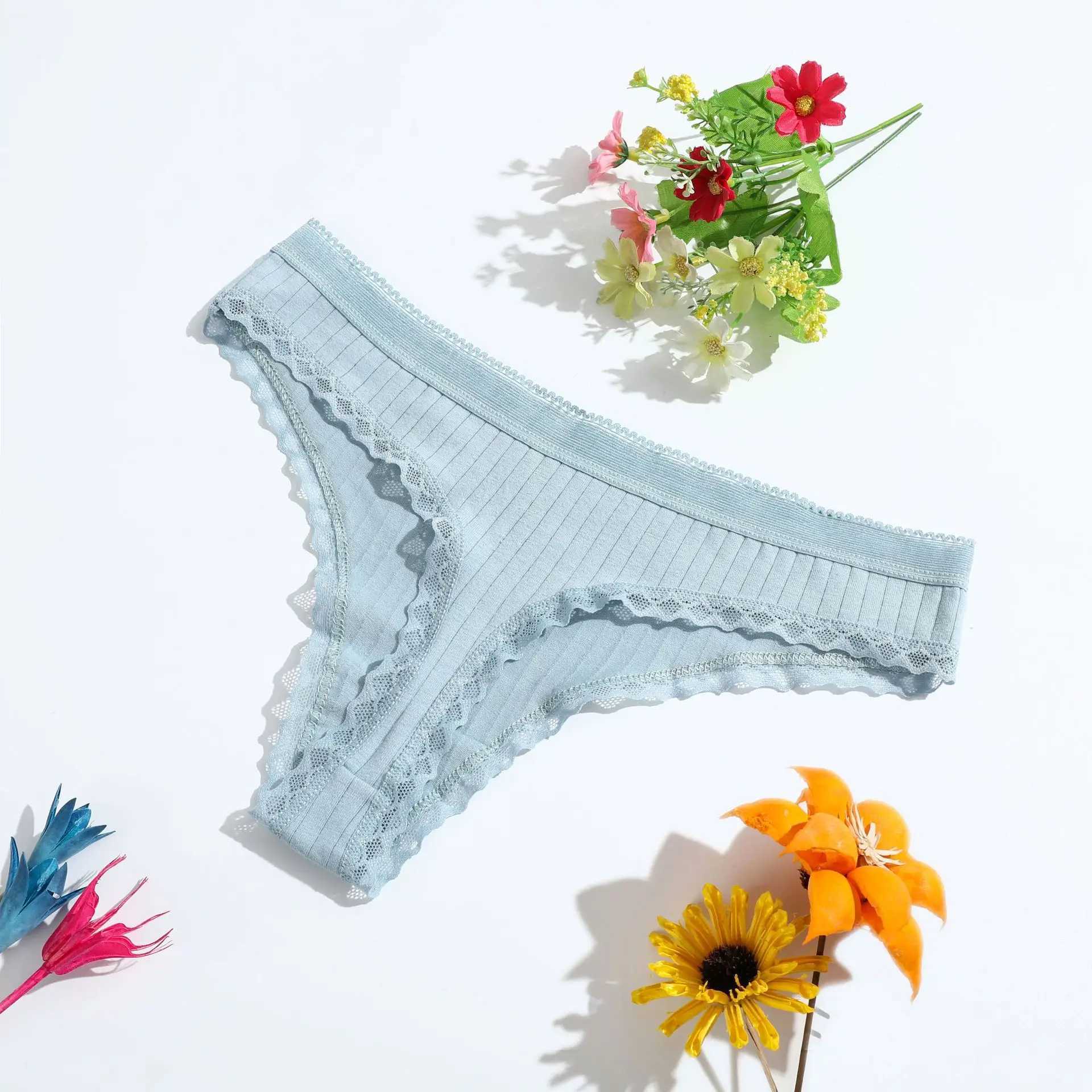 Sexy cotton thong womens lace low waist underwear womens underwear solid color breathable womens G-line W250103