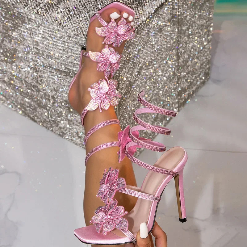 Summer Sexy Snake Shape Ankle Strap Rhinestone Bow Pink Stiletto High Heel Womens Sandals Banquet Wedding Shoes250102