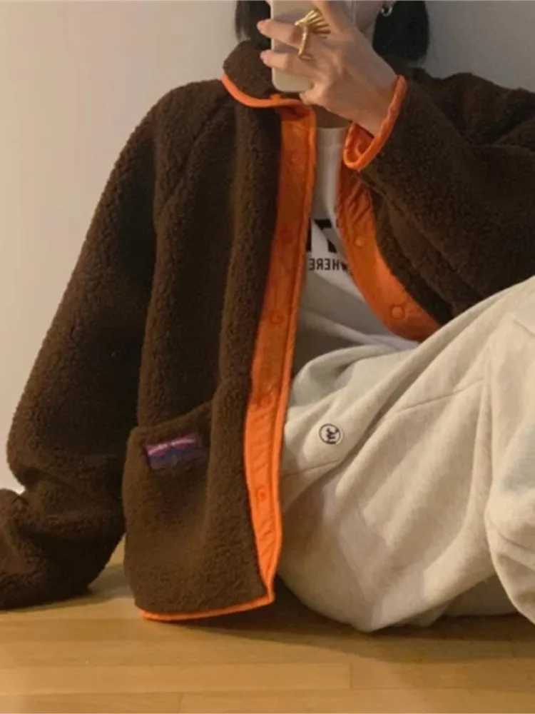 Autumn and Winter Teddy Reversible Patch Work Jacket Coats Womens Loose Womens Jacket Long Sleeve Modis Printed Womens Jacket M250103