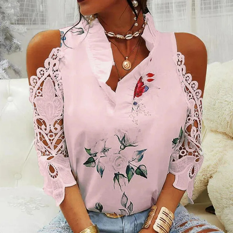 Summer womens strapless top casual sexy hollow flower print womens shirt elegant V-neck short sleeved lace shirt blue 19361 250102