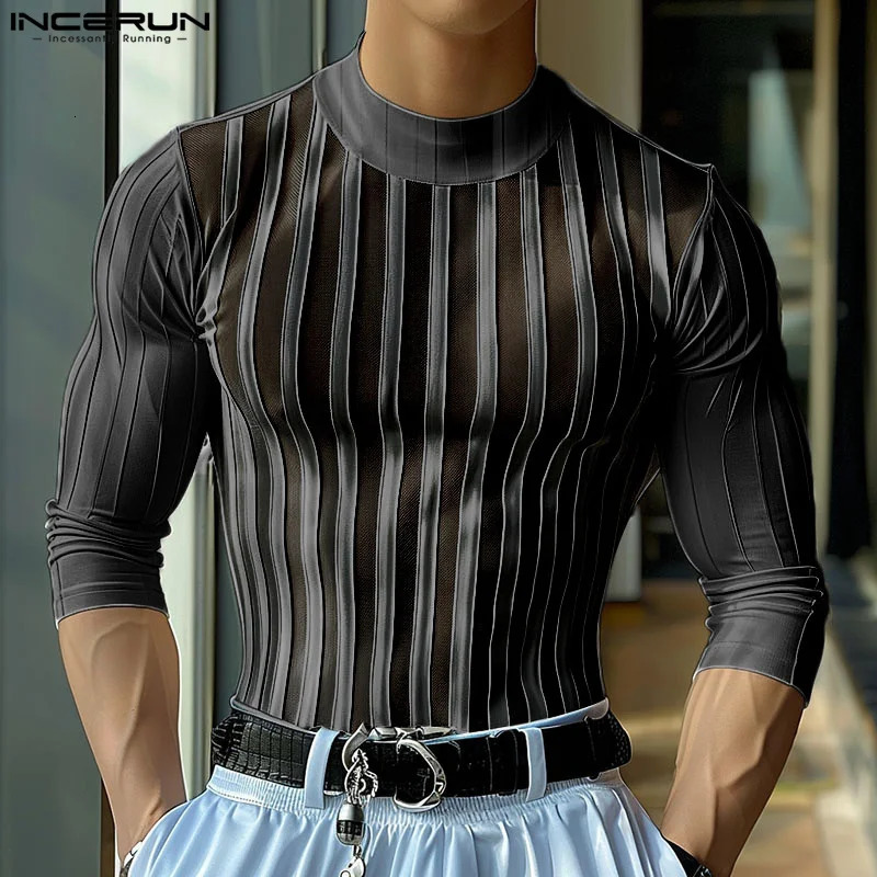 INCERUN Men T Shirt Striped Mesh Patchwork Turtleneck Long Sleeve Men Clothing Streetwear 2024 See Through Fashion Camsietas 250102