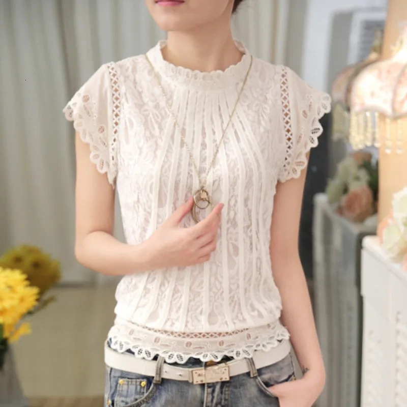 Summer casual solid womens petal sleeve lace top sweet chiffon O-neck short shirt elegant and chic 01C 250102