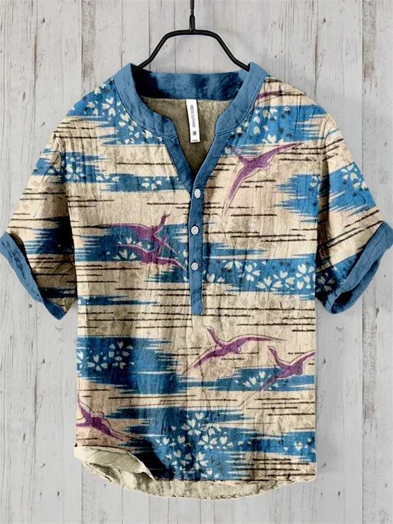 Spring and summer linen blend shirt stand alone casual cat print Hawaiian style printed shirt W250103