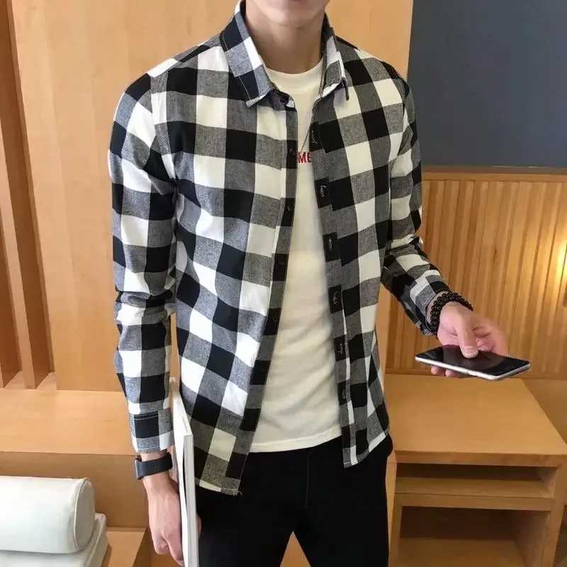 202 spring/summer casual red checkered long sleeved shirt youth lapel checkered tight fitting shirt smooth silhouette thin jacket W250103