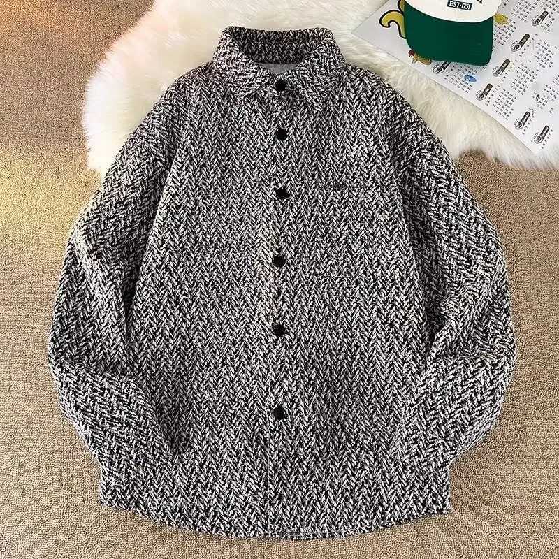 Autumn Vintagetweek Style Checkered Shirt Mens Korean Fashion Loose Fit Knitted Casual Collar Top W250103