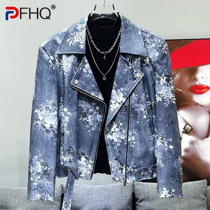 PFHQ Short PU Leather Men's Jacket Autumn New Design Decoration 2024 Contrast Color Zipper Male Tops Fashion 21Z7087