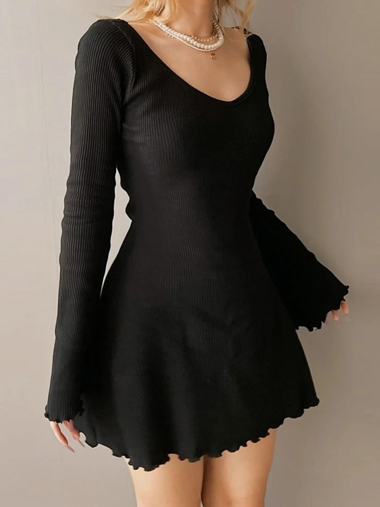 Knitting Elegant Dress For Women Spring Fall Solid Color V Neck Office Lady Irregular Hem Simple Basic Slim Dresses 250102