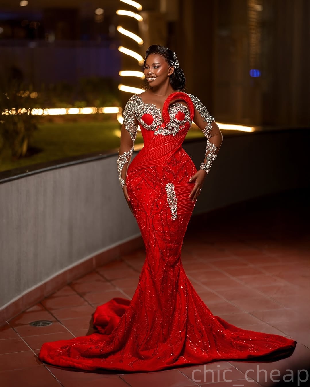 Red Mermaid Prom Dresses 2025 Crystals Lace Full Sleeves Vintage Evening Formal Party Second Birthday Engagement Gowns Plus Size Dress For Special Occ