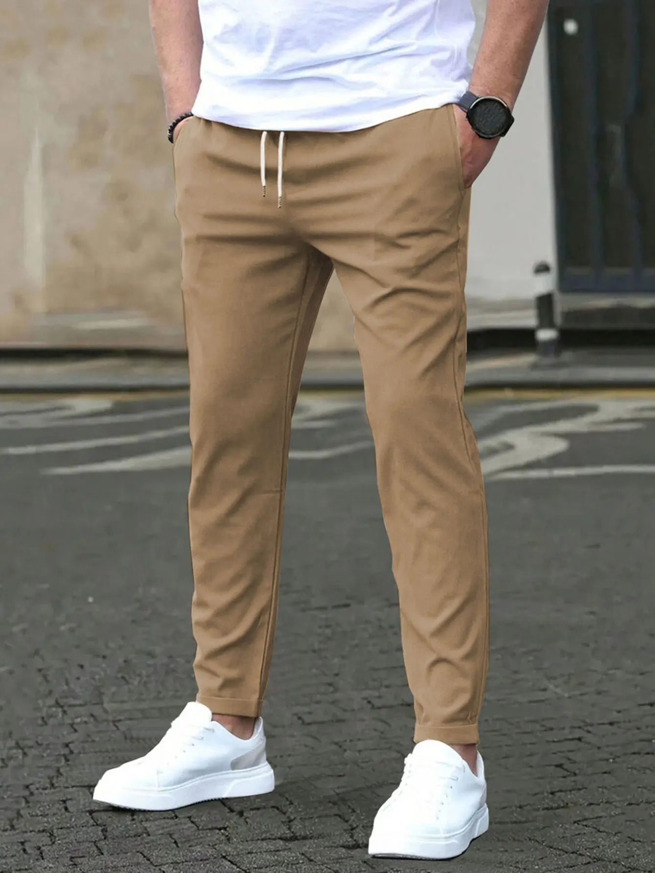 Mens Solid Color Drawstring Waist Trousers Regular Fit Casual Fashion Trousers Drawstring Trousers Pocket Trousers 250103
