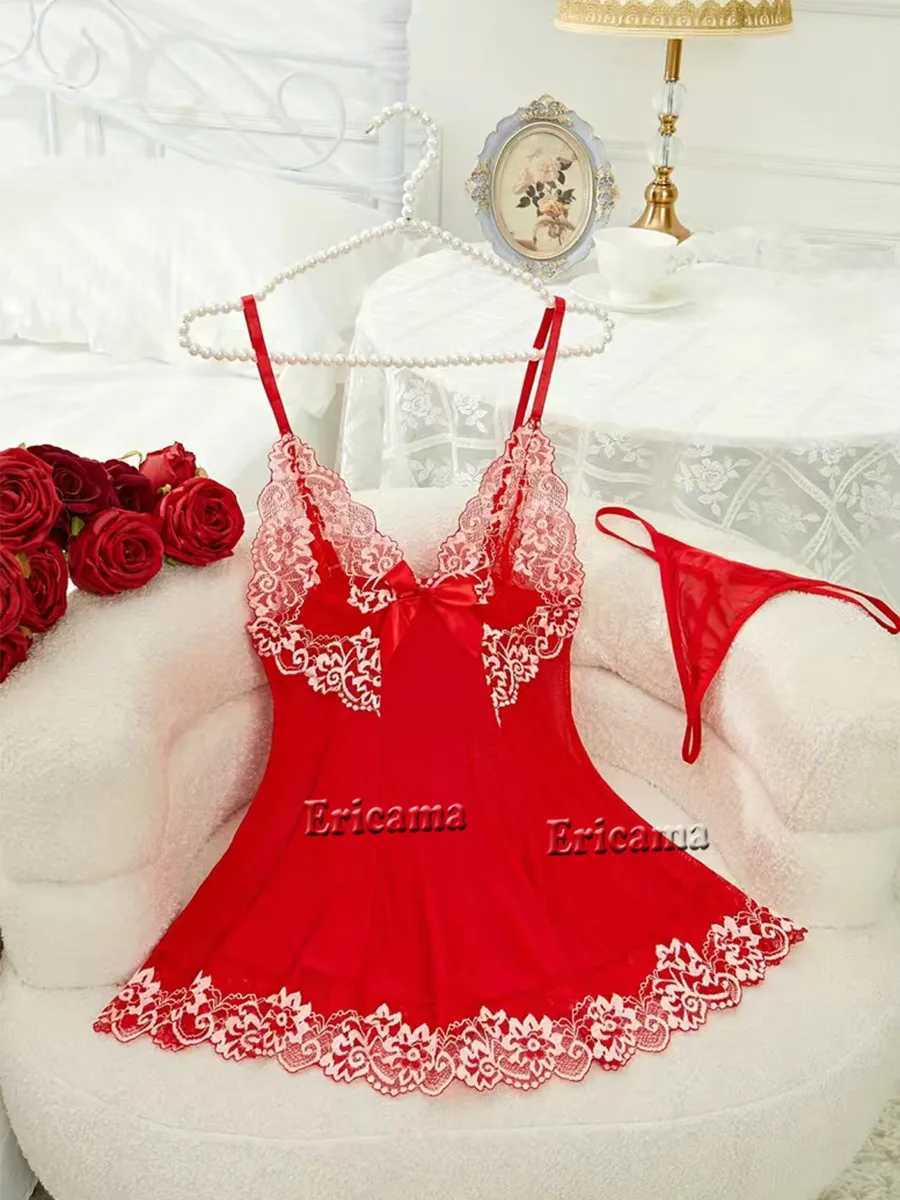 Contrast lace lingerie set deep V-back bow slip dress and thong Koningsdag/Kings Day womens sexy lingerie and underwear W250103