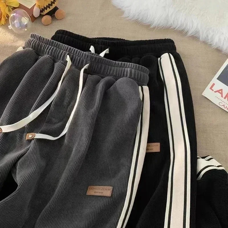 Corduroy striped sports pants womens streetwear thick wide leg pants Y2K Harajuku high waisted runner Korean style bag pants 250102
