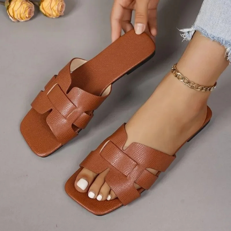 Womens Shoes Shallow Mouth Womens Slippers Fashion Square Toe Casual Solid Flat Slippers Zapatos De Mujer250102