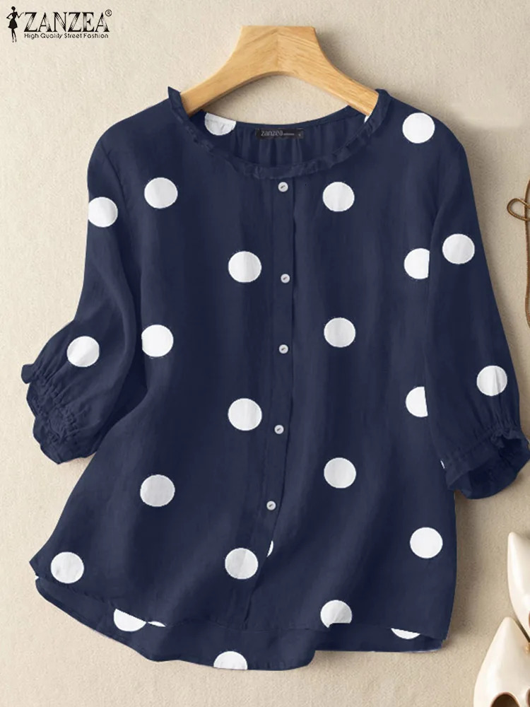 ZANZEA Summer Polka Dot Printed Shirt Elegant Womens Shirt Casual Ruffle Party Holiday Blue 3/4 Sleeve Bohemian Tuned Top 250102