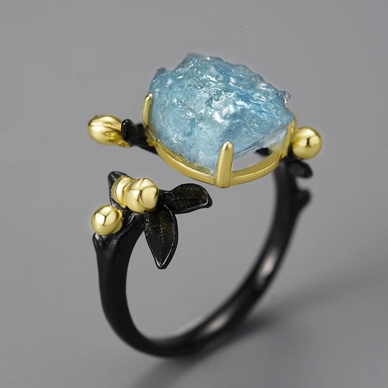 Lotus Fun 18K gold natural aquamarine gemstone womens adjustable flower ring genuine 925 sterling silver exquisite jewelry 250102