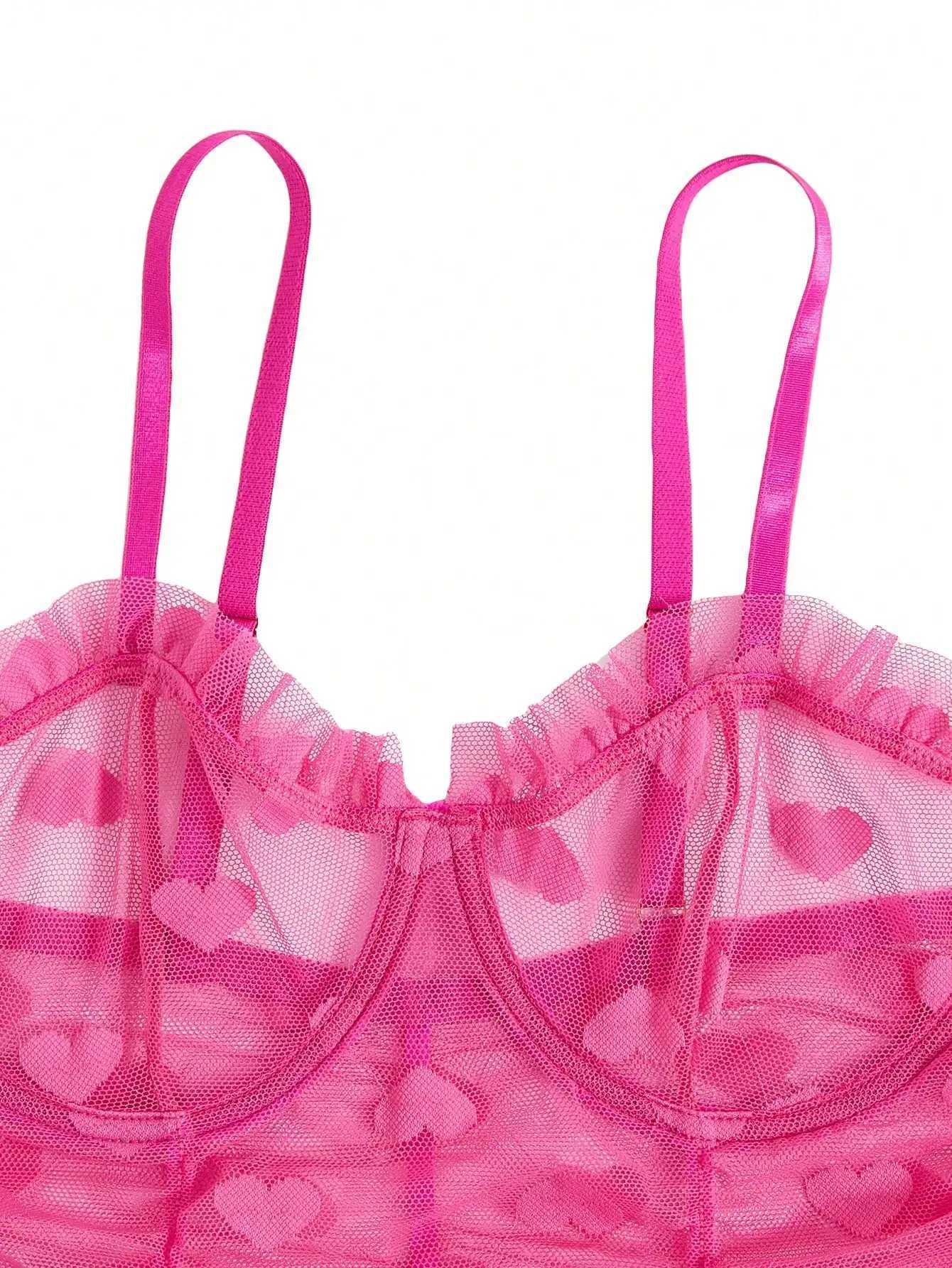 Heart shaped mesh pleated hem decoration sexy lingerie thong womens lace mesh patch work pendant collar Babydoll lingerie W250103