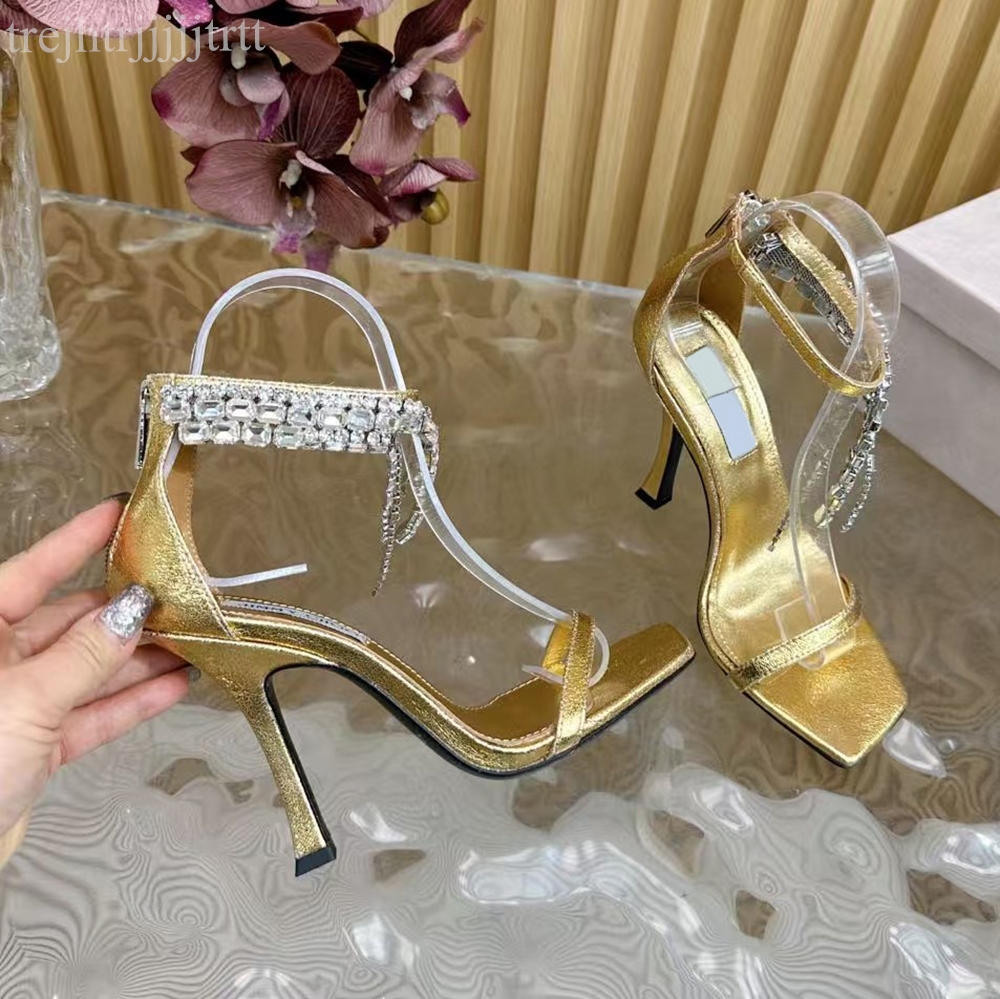 Womens 100mm stiletto heel sandals Rhinestone ankle strap gladiator pumps Metallic texture sheepskin Exposed toe party evening shoes luxury designer h