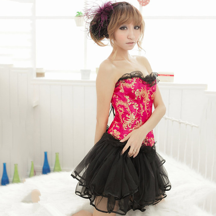 Overbust Corset And Bustier With Lace Sexy Satin Lace up Boned Trim Showgirl Stripe Lingerie Red Fashion 8151