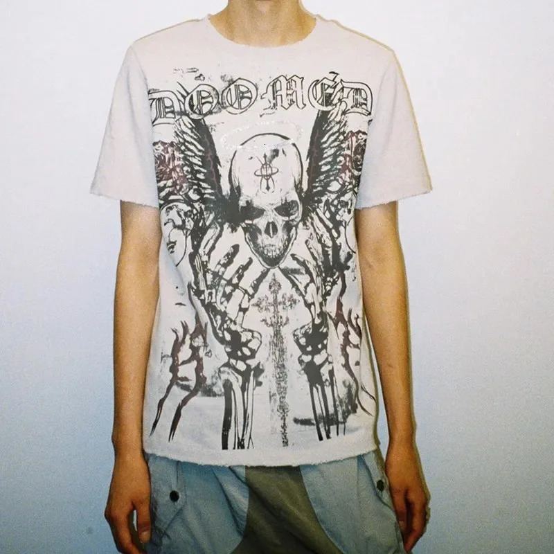 Retro skull large pattern short sleeved T-shirt street dark punk Y2k 90s Harajuku round neck oversized loose top 250102
