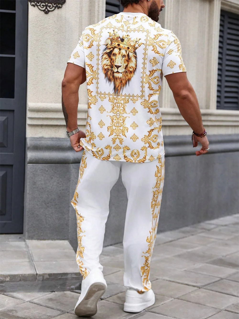 Summer Mens Short Sleeves and Pants Power Lion Print Retro Style Mens Fashion Pants and Short Sleeves 2-piece Set 250102