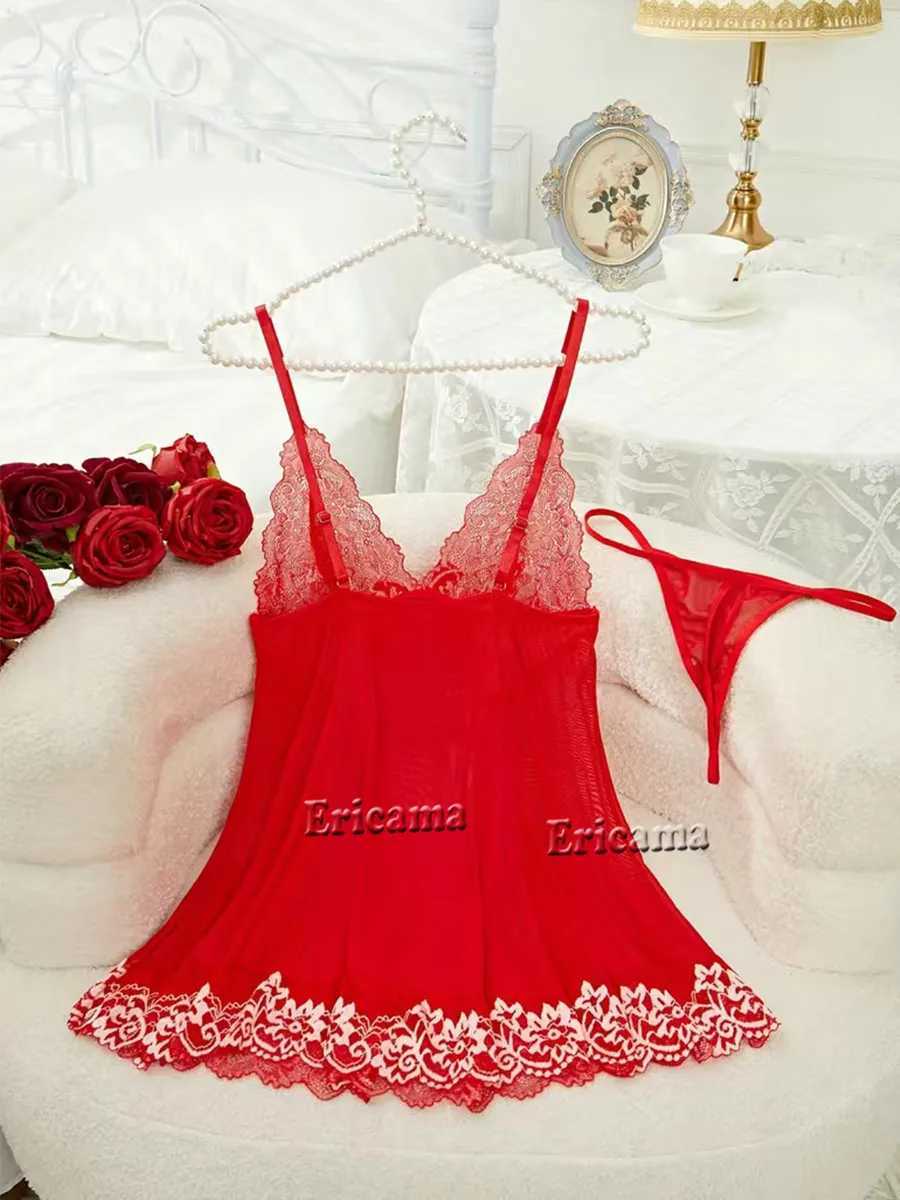 Contrast lace lingerie set deep V-back bow slip dress and thong Koningsdag/Kings Day womens sexy lingerie and underwear W250103